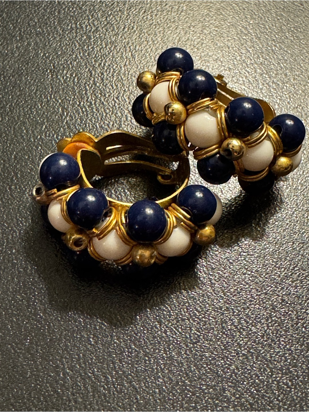 Vintage Navy Blue & Ivory Faux Pearl Beaded Gold Tone Hoop Clip-On Earrings